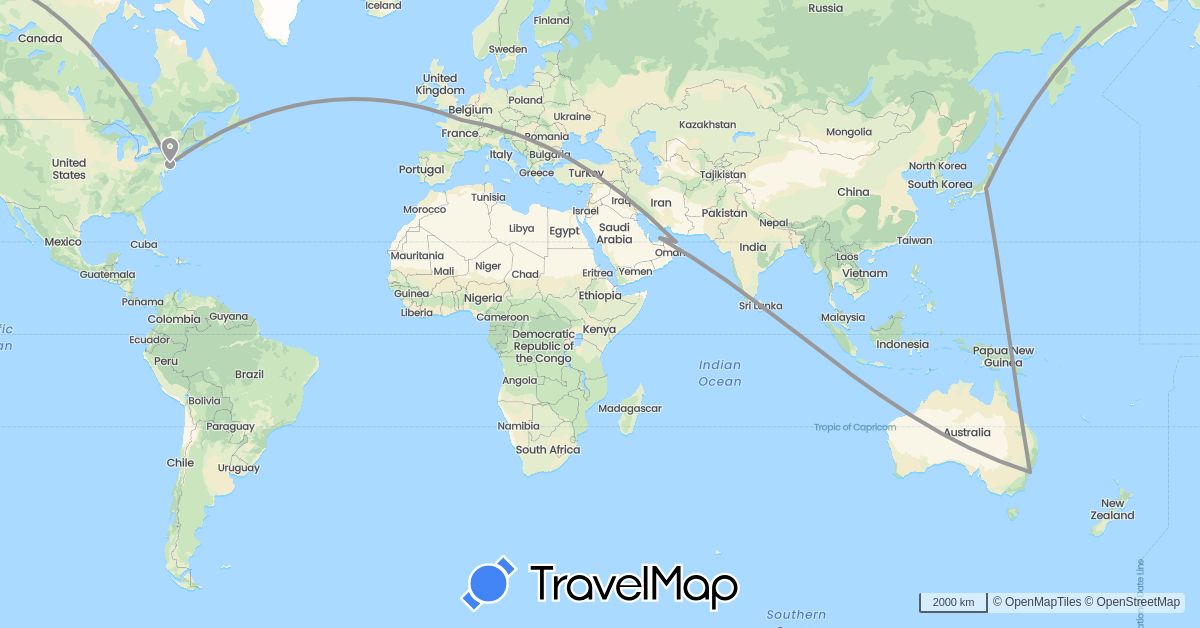 TravelMap itinerary: driving, plane in United Arab Emirates, Australia, France, Japan, Oman, United States (Asia, Europe, North America, Oceania)